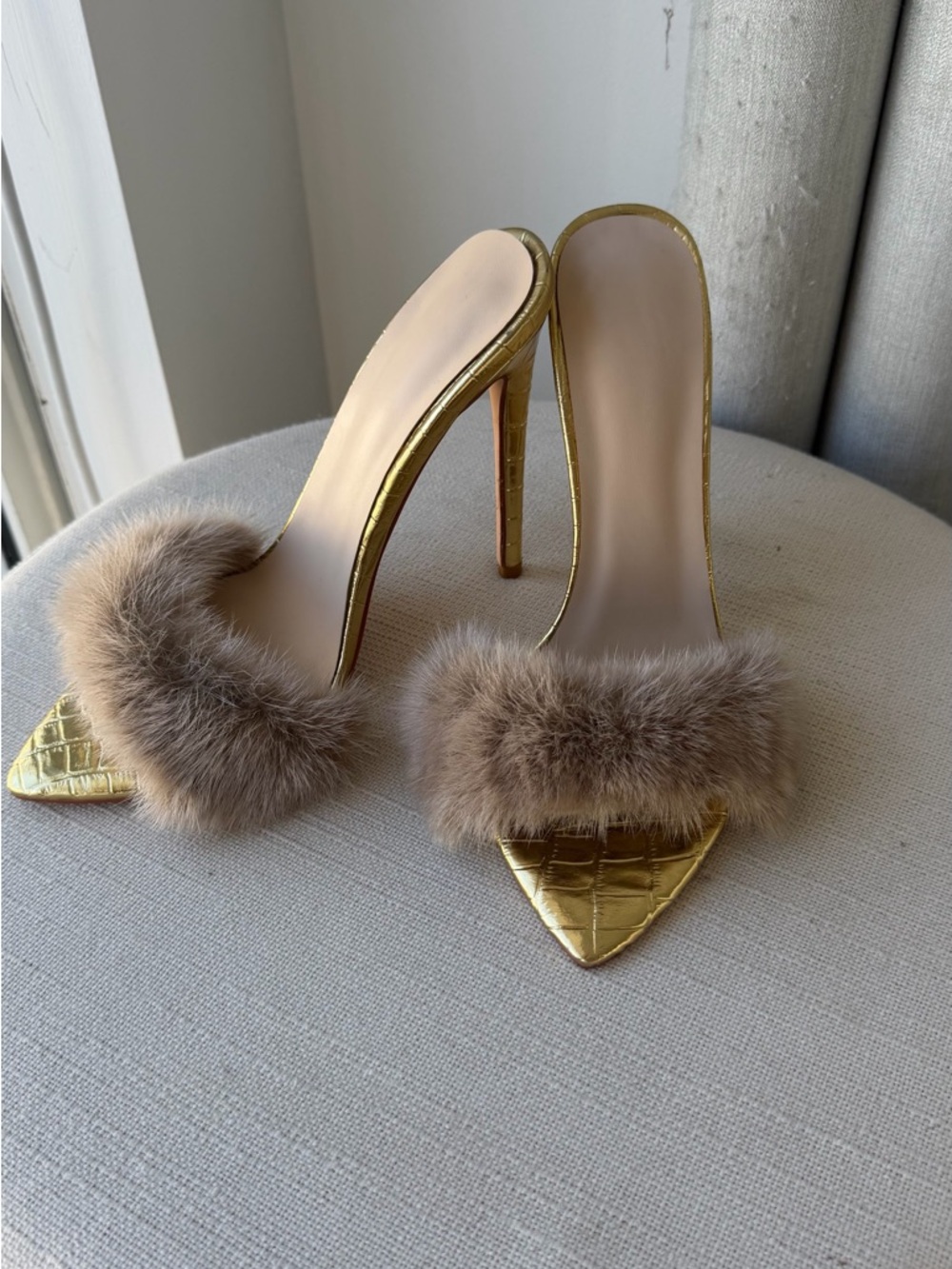 Gold Stiletto Mule with Taupe Fur Trim - Women's Luxury Slide - Picture 11 of 13